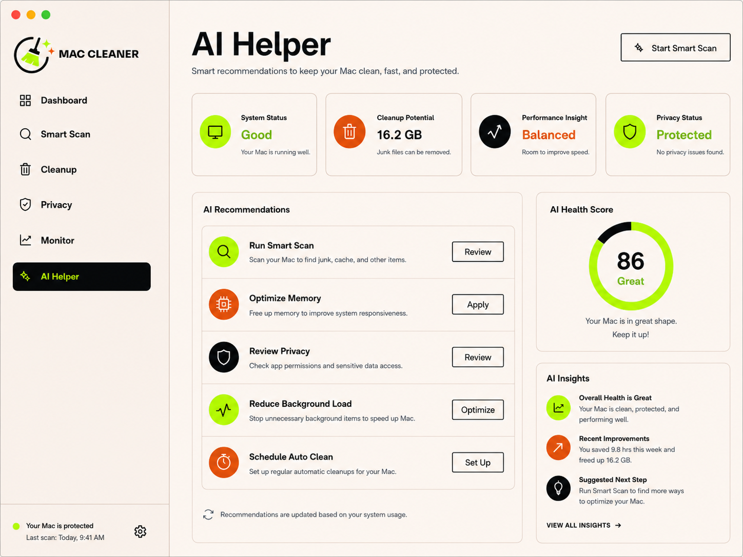 Mac Cleaner — System Monitor with live CPU, RAM, disk and battery diagnostics